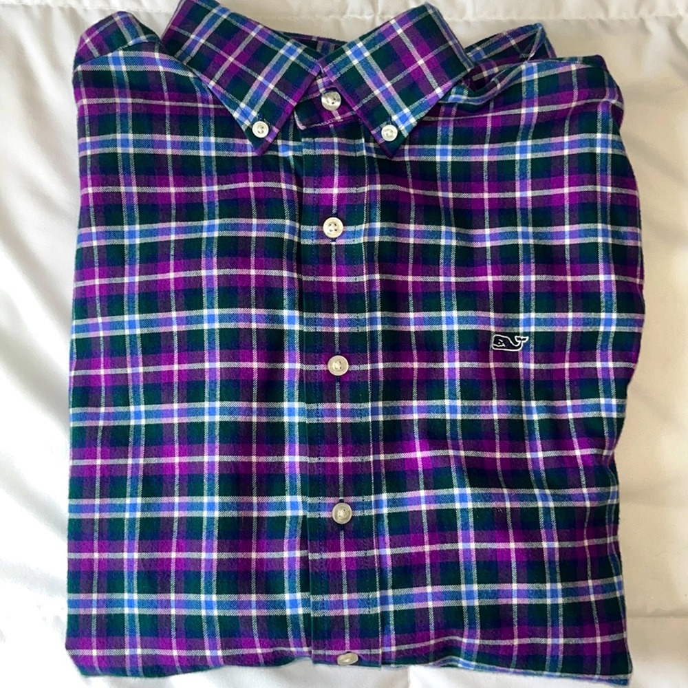 Purple, green, blue, and white striped Vineyard Vines flannel